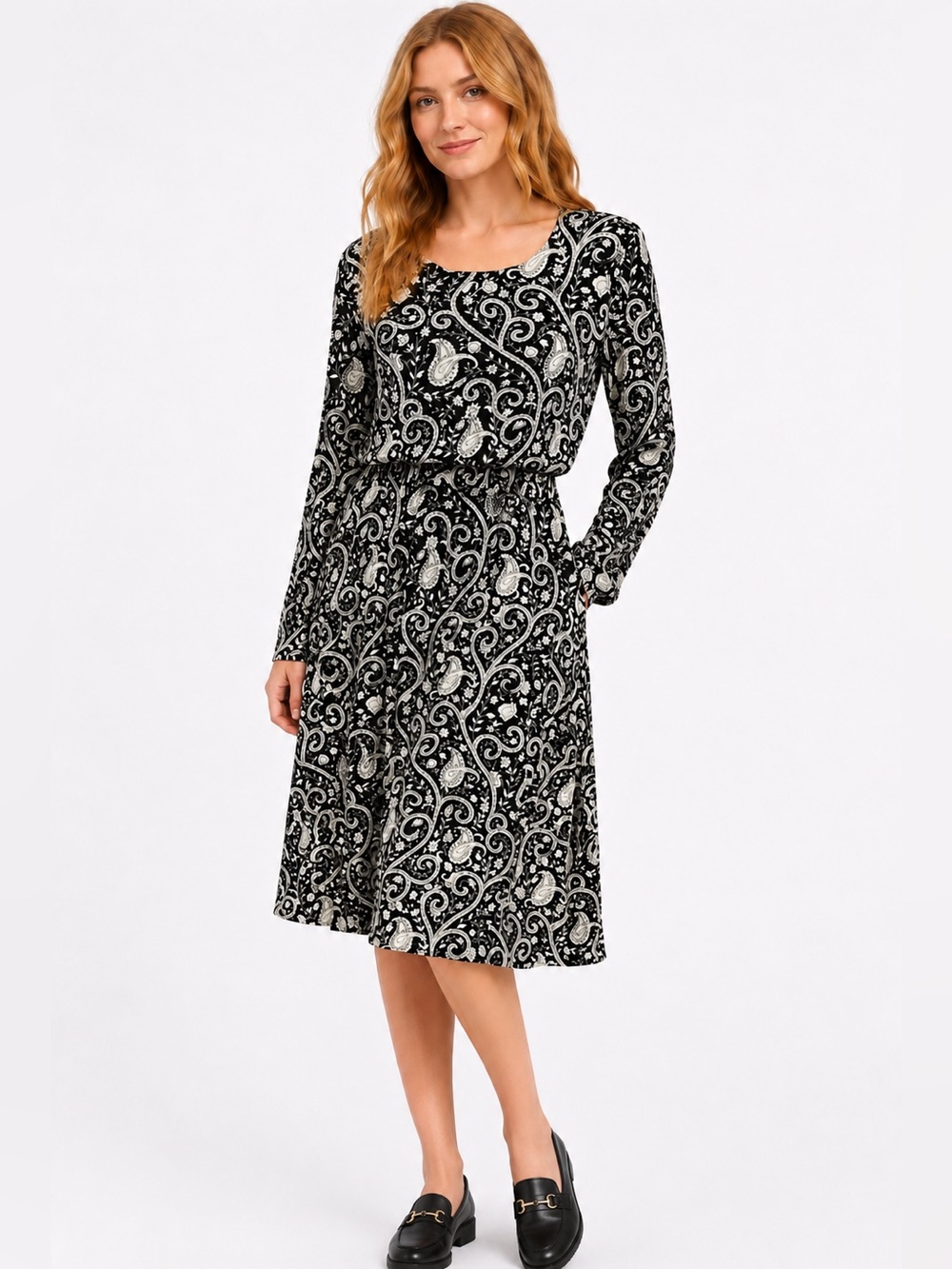 BFA Classics Vintage 90s Black Paisley Midi Dress Size 8 Elastic Waist